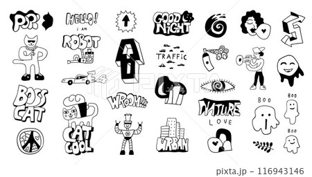 crazy doodle characters words graffiti style isolated vector set 116943146