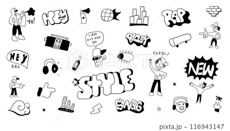 music party funny doodles characters and lettering , hand drawn sign and symbols, 116943147