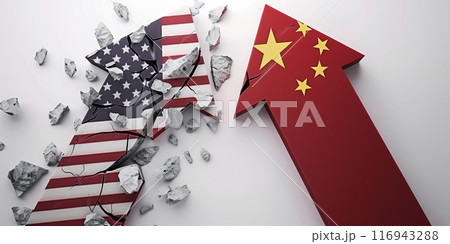 Illustration of arrows representing the USA and China breaking apart, symbolizing economic conflict and competition between the two superpowers. Illustration of arrows representing the USA and China breaking apart, symbolizing economic conflict and competition between the two superpowers. 116943288
