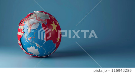 A globe divided between the flags of the USA and China, representing geopolitical tensions and competition on a global scale. A globe divided between the flags of the USA and China, representing geopolitical tensions and competition on a global scale. 116943289