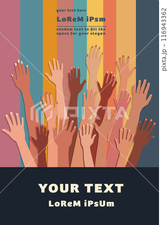 Group raised hand. DEIB concept. Poster copy space. Multicultural people. Racial equality. Men and women of different culture and nations. Community. Diversity Equity Inclusion Belonging 116943362