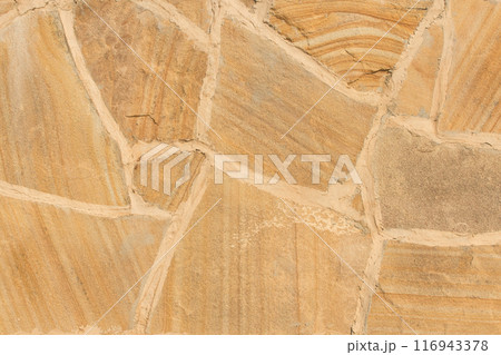 Light Yellow Stone Tile Abstract Pattern Rock Surface Grunge Texture Background Street Structure Urban Mosaic 116943378