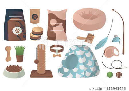 Pet shop items mega set elements in flat cartoon graphic design. Bundle objects of dog food in bag, canned food, bed, grooming comb, bowl, scratching post, cat house, toys, other. Vector illustration. 116943426