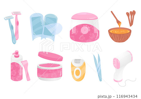 Depilation tools mega set elements in flat cartoon graphic design. Bundle objects of shave razor, waxing, sugaring, hair removal cream, epilator, tweezers, photoepilation, other. Vector illustration. 116943434