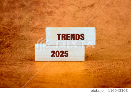 TRENDS 2025 text written on wooden blocks on an abstract background TRENDS 2025 text written on wooden blocks on an abstract background 116943508