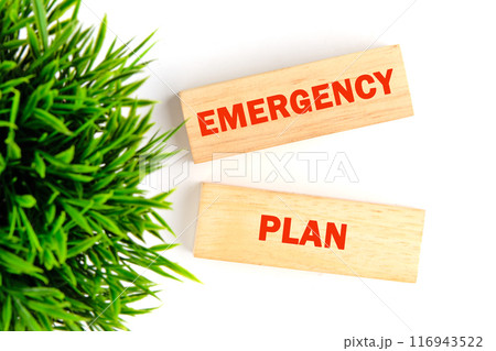Financial concept. EMERGENCY PLAN text a phrase made of wooden blocks on a white background, top view Financial concept. EMERGENCY PLAN text a phrase made of wooden blocks on a white background, top view 116943522