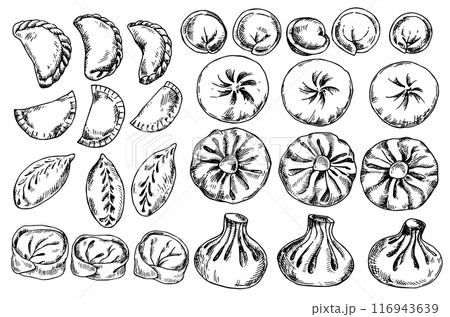 a large set of different types of dumplings, khinkali. illustration in sketch style. frozen food, convenience foods a large set of different types of dumplings, khinkali. illustration in sketch style. frozen food, convenience foods 116943639