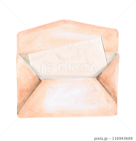 An open envelope with a letter inside in watercolor. Illustration for greeting cards, cookbooks, weddings, memorials, decoration. Illustration isolated from background. An open envelope with a letter inside in watercolor. Illustration for greeting cards, cookbooks, weddings, memorials, decoration. Illustration isolated from background. 116943689