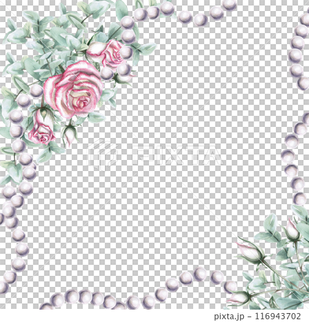 Bouquet composition with roses, eucalyptus and pearl beads in watercolor. Watercolor illustration for greeting cards, weddings, memorials, printing on clothing. Illustration isolated from background. Bouquet composition with roses, eucalyptus and pearl beads in watercolor. Watercolor illustration for greeting cards, weddings, memorials, printing on clothing. Illustration isolated from background. 116943702