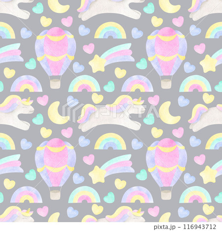 Rainbows and unicorn seamless pattern. Watercolor pastel color rainbow, unicorn, hot air balloon, moon, hearts, falling star. Cute design for kids textile, fabric, scrapbooking, wrapping paper 116943712