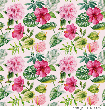Hawaiian seamless pattern Tropical palm leaves, pink flowers exotic floral background, watercolor botanical illustration Hawaiian seamless pattern Tropical palm leaves, pink flowers exotic floral background, watercolor botanical illustration 116943786