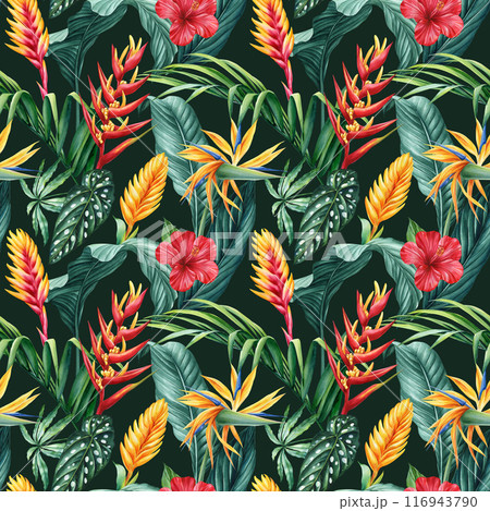 Hawaiian seamless pattern. Tropical palm leaves, strelitzia flowers exotic background, watercolor botanical illustration Hawaiian seamless pattern. Tropical palm leaves, strelitzia flowers exotic background, watercolor botanical illustration 116943790