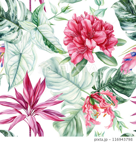Hawaiian seamless pattern. Tropical palm leaves, rhododendron flowers exotic floral background, watercolor botanical 116943798