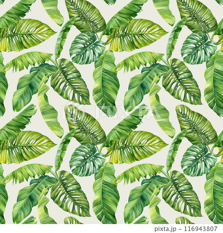 Tropical pattern, Summer watercolor palm leaves. Green pattern for wallpaper textile fabric design. Floral hand drawn  116943807