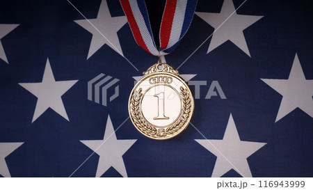 Gold silver and bronze mockup trophy medals with ribbon against United States of America flag. Represent winner of national or international olympic sport competition. Award winner and victory concept 116943999