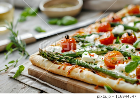 Asparagus and Tomato Pizza on Wooden Board 116944347
