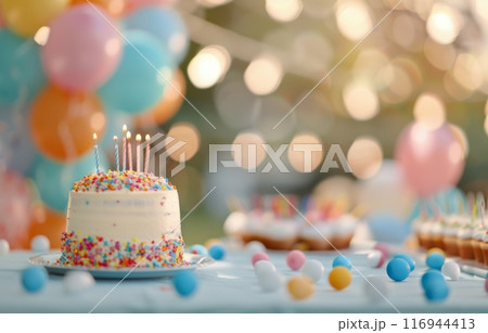 Birthday Party Table With Cake and Decorations Birthday Party Table With Cake and Decorations 116944413