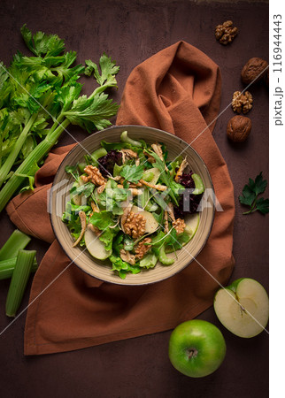 Fresh, Waldorf salad, celery stalk with chicken, apple and walnut, grapes, herbs, homemade, no people, Fresh, Waldorf salad, celery stalk with chicken, apple and walnut, grapes, herbs, homemade, no people, 116944443
