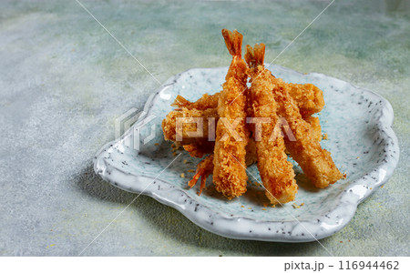 Fried shrimp, peeled in tempura, soy sauce, close-up, Fried shrimp, peeled in tempura, soy sauce, close-up, 116944462