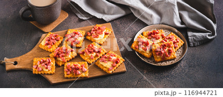 Spicy baked crackers with cheese and sausage on a plate on the table web banner 116944721