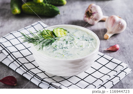 Tzatziki sauce with cucumber, garlic and dill on kefir in a bowl on the table 116944723