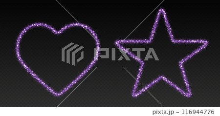 Purple glitter frames, shimmering borders in heart and star shapes, festive holiday sparkles 116944776
