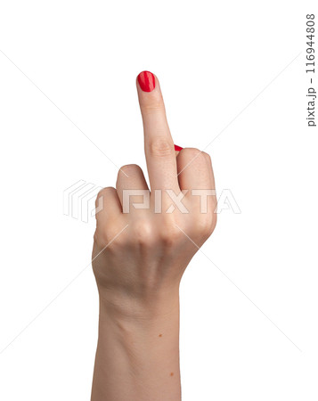 A hand showing the middle finger gesture, commonly known as an offensive sign. The gesture is A hand showing the middle finger gesture, commonly known as an offensive sign. The gesture is 116944808