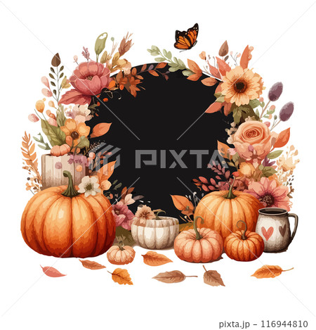 Rustic pumpkin watercolor autumn composition. Cozy home decor. Rustic pumpkin watercolor autumn composition. Cozy home decor. 116944810