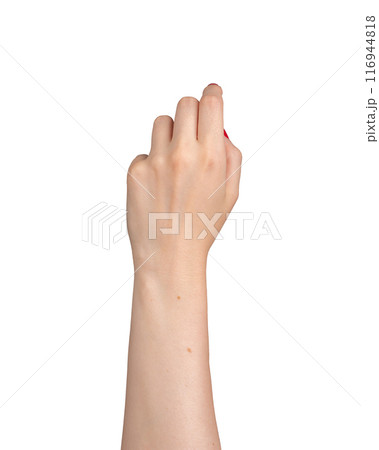 Isolated on a white backdrop, this closeup of a delicate hand with red-painted nails captures the Isolated on a white backdrop, this closeup of a delicate hand with red-painted nails captures the 116944818