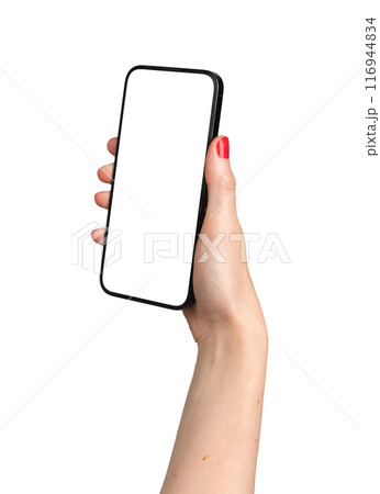 Hand holding mobile phone screen mockup, showing smartphone, cellphone mock up, isolated on white 116944834