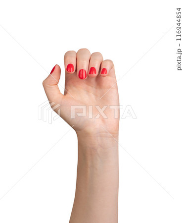 hand with red painted fingernails, elegantly curved in an open, flexible position. Isolated on a 116944854
