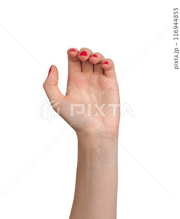 hand isolated, palmar view, red varnish, closeup. Woman's hand waving hello or goodbye, showcasing 116944855