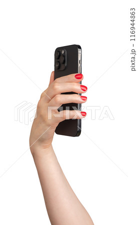 Berlin Germany July 21 2024 Hand with red nails, holding and using mobile phone, taking photo with 116944863