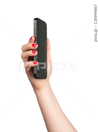 Berlin Germany July 21 2024 Hand with red fingernails, holding and using mobile phone, iphone Berlin Germany July 21 2024 Hand with red fingernails, holding and using mobile phone, iphone 116944867