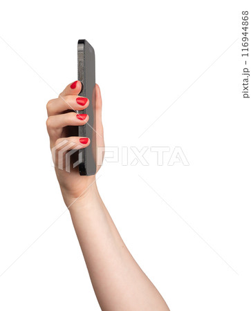 Berlin Germany July 21 2024 Hand with red nails, holding and using mobile phone, iphone smartphone Berlin Germany July 21 2024 Hand with red nails, holding and using mobile phone, iphone smartphone 116944868