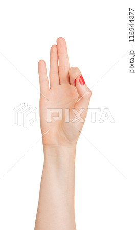 Hand gesture for communication, with raised thumb and index finger. Isolated on white background, 116944877