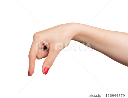 Hand reaching out, as if holding or grabbing an invisible object. Isolated on white background, 116944879