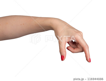 A hand using two fingers thumb and index finger to measure or show the size of an invisible object. A hand using two fingers thumb and index finger to measure or show the size of an invisible object. 116944886