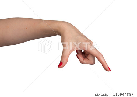 A hand with two fingers thumb and index finger demonstrating the size of an invisible or large 116944887