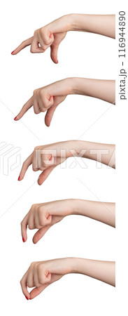 Hands holding something between two fingers, taking, size measurement gesture from big to small Hands holding something between two fingers, taking, size measurement gesture from big to small 116944890