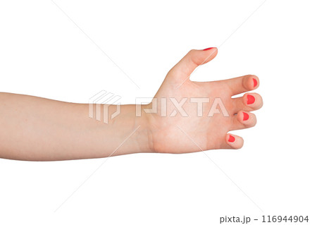 hand and arm gesture designed to hold or present an invisible object or product. The hand is in a hand and arm gesture designed to hold or present an invisible object or product. The hand is in a 116944904