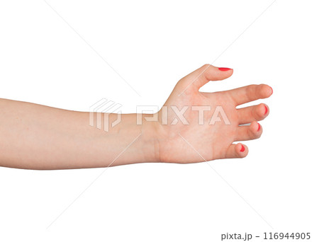 hand and arm gesture for holding or presenting an invisible object or product. The hand is open and hand and arm gesture for holding or presenting an invisible object or product. The hand is open and 116944905