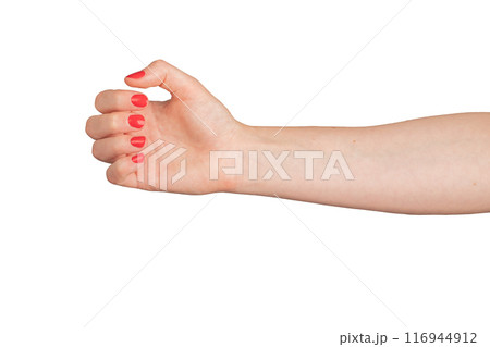 Hand grasping virtual object. Arm gesture holding empty space, product. Woman with red manicure, Hand grasping virtual object. Arm gesture holding empty space, product. Woman with red manicure, 116944912