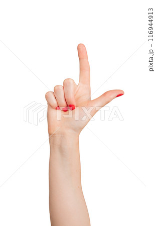 Hand with thumb and index finger raised, showing a gesture of communication. Isolated on white 116944913