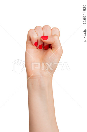 Hand sign, fist raised up, isolated on white background 116944929