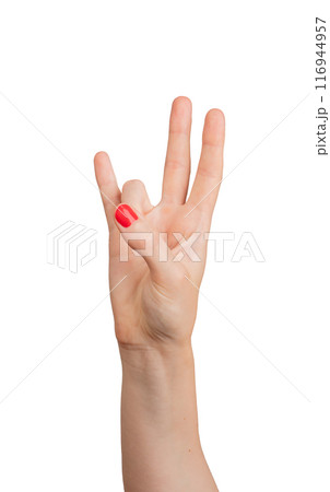 Hand showing the number 7 with fingers, isolated on a white background. Elegant womans hand with Hand showing the number 7 with fingers, isolated on a white background. Elegant womans hand with 116944957