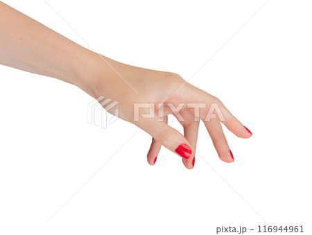 Hand with a bent index finger, pointing and clicking an invisible button. Isolated on a white 116944961