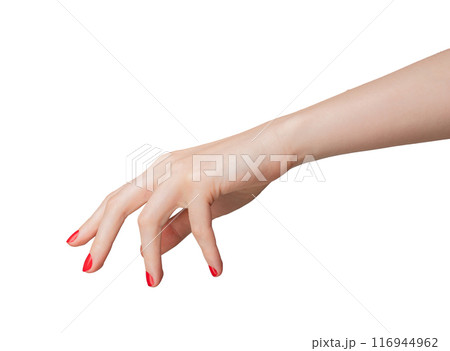 Hand with a bent finger, pointing and gesturing as if clicking an invisible button. Isolated on a 116944962