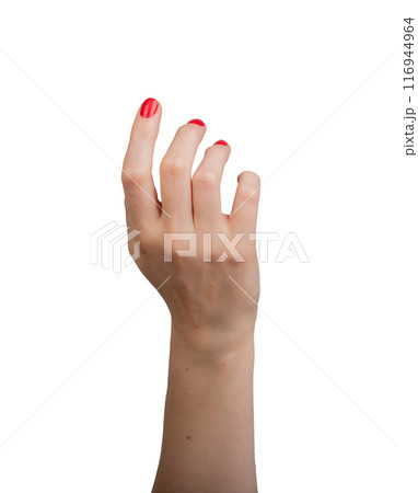 Hand in a touching gesture, isolated on a white background, with outstretched fingers ready to tap 116944964