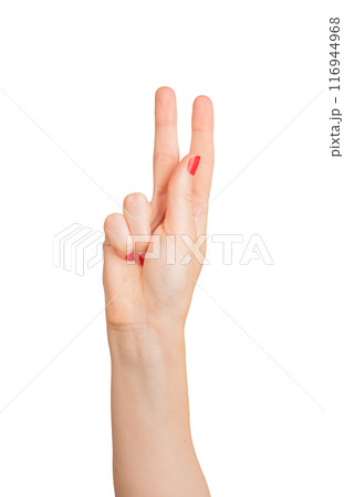 Victory sign with two fingers, symbolizing peace and excitement. Isolated on white background, 116944968
